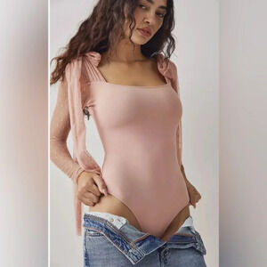 Free People Tongue Tied Lace mesh Tie Shoulder Cute Bodysuit S in Rose Blush